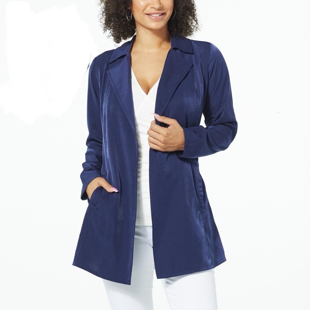 IMAN Global Chic Belted Twill Trench Topper Jacket Navy Size Medium HSN